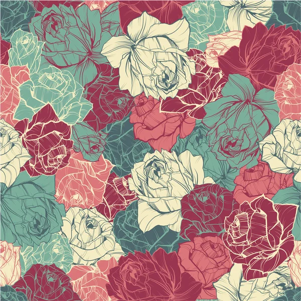 Motif floral avec des roses contour — Image vectorielle