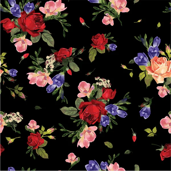 Patrón floral con rosas y freesia — Vector de stock