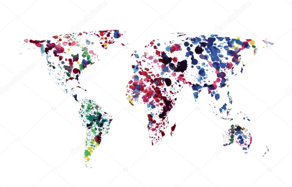 Colorful world map of watercolor blots