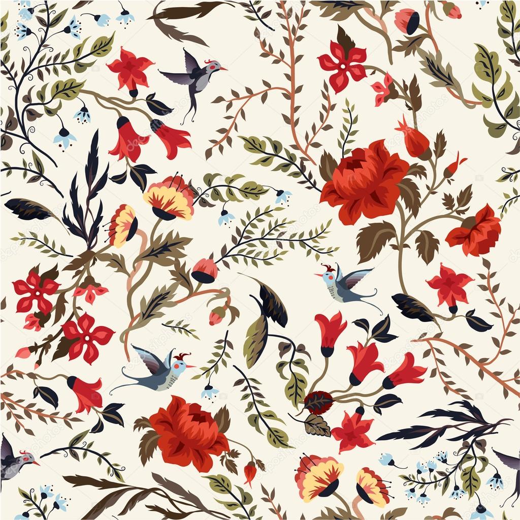 Seamless floral pattern with birds