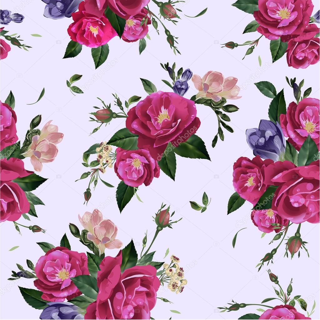 Pattern with roses and freesia flowers