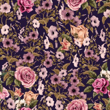 Sulu Boya convolvulus ve gül deseni