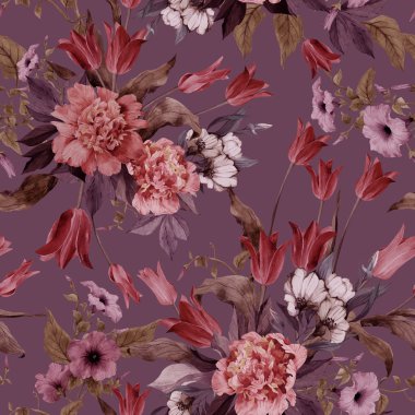 Lale ve peonies çiçek desenli