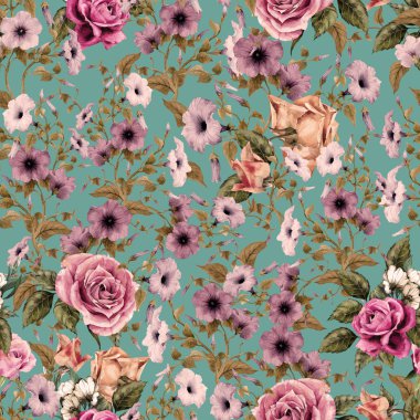 Sulu Boya convolvulus ve gül deseni