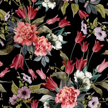 Lale ve peonies çiçek desenli