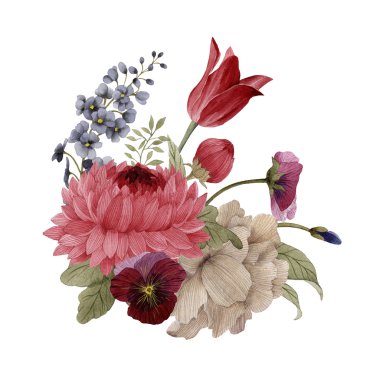 Krizantem, Lale, Hercai Menekşe ve gül buketi