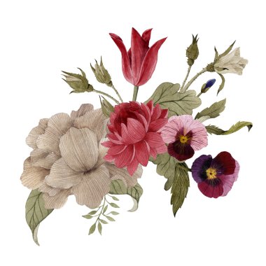 Krizantem, Lale, Hercai Menekşe ve gül buketi