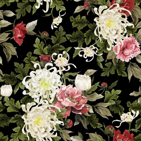 Chrysant en pioenrozen bloemmotief — Stockfoto