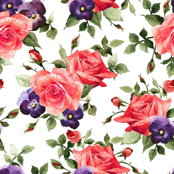 Watercolor pattern roses and pansy flowers — Stock Photo, Image