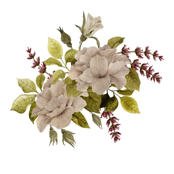 Акварельный букет из роз и лаванды — стоковое фото