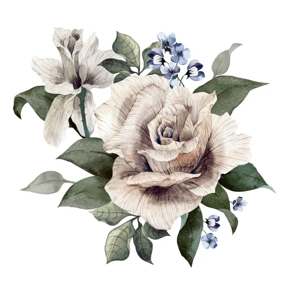 水彩のバラとデルフィ ニウムの花 — ストック写真