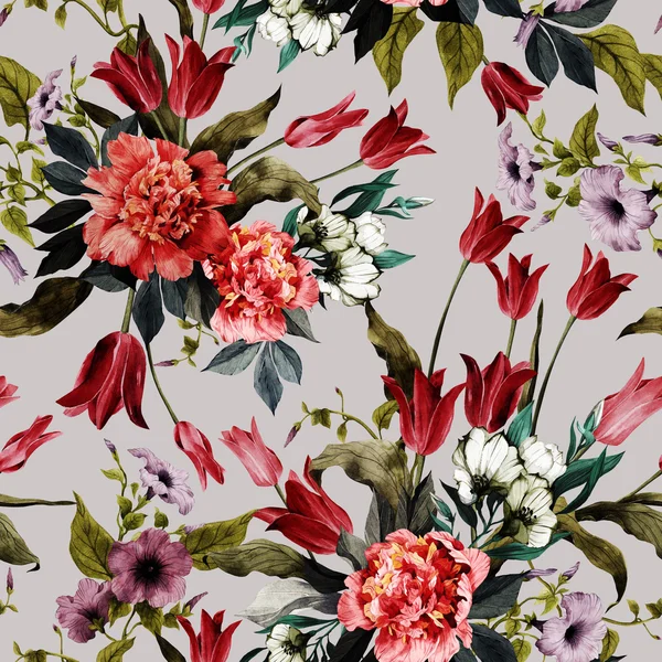 Floral patroon met tulpen en pioenrozen — Stockfoto