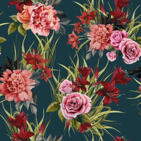 Roses, peonies and lilies floral pattern — Stock Photo, Image