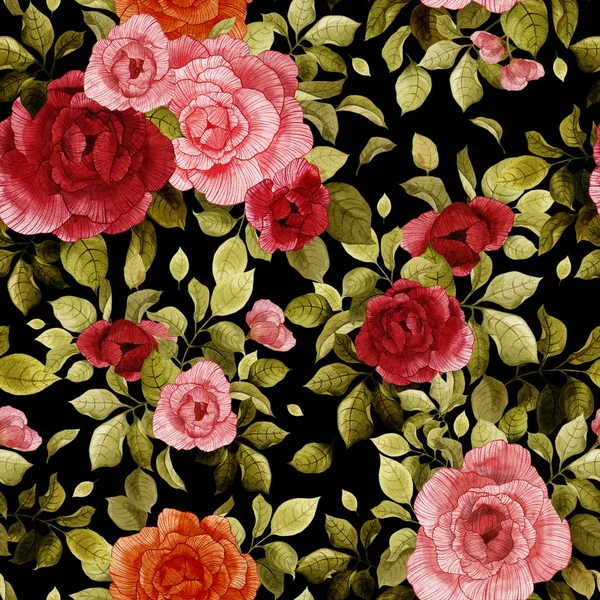 Akvarel vzorek s červenými a růžovými růžemi — Stock fotografie