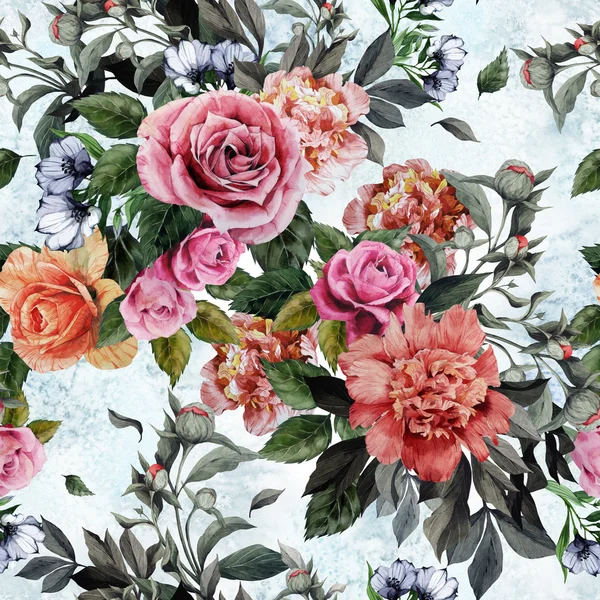 Aquarell Rosen und Pfingstrosen Blumenmuster — Stockfoto
