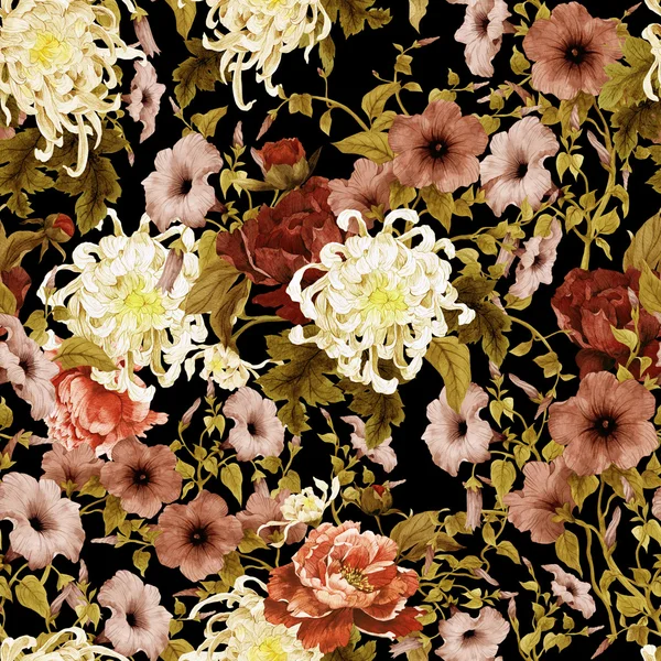 Akvarell chrysanthemum, convolvulus och pioner — Stockfoto
