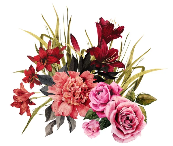 Bouquet de roses aquarelles, pivoines et lis — Photo