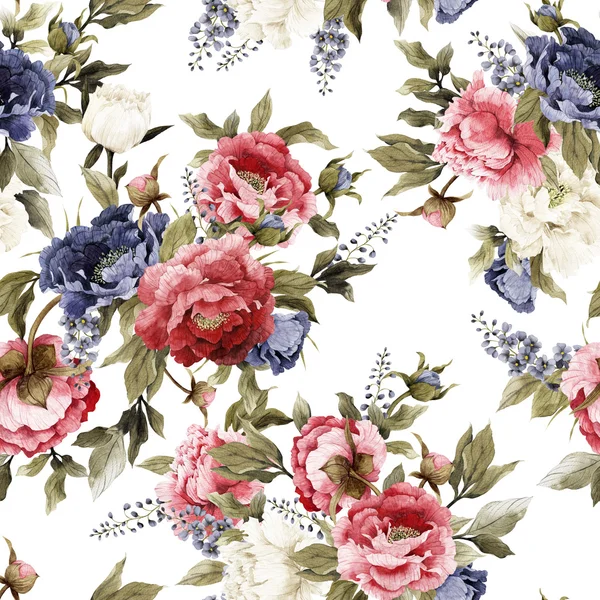 Floral pattern with peonies and delphinium — Stock Photo, Image