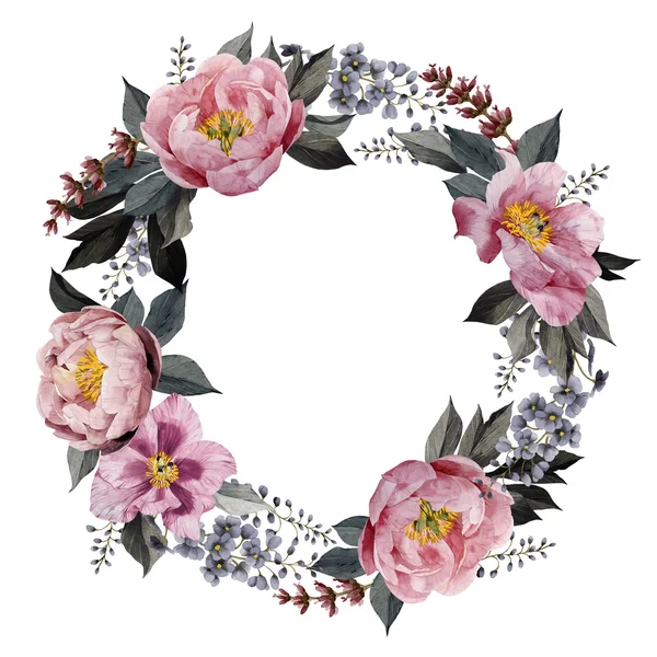 Watercolor Wreath of peonies — Stock Photo, Image