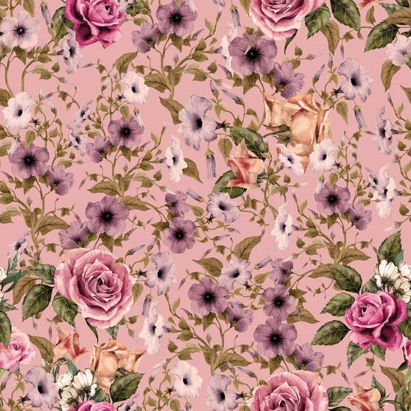 수채화 메와 장미 패턴 — 스톡 사진