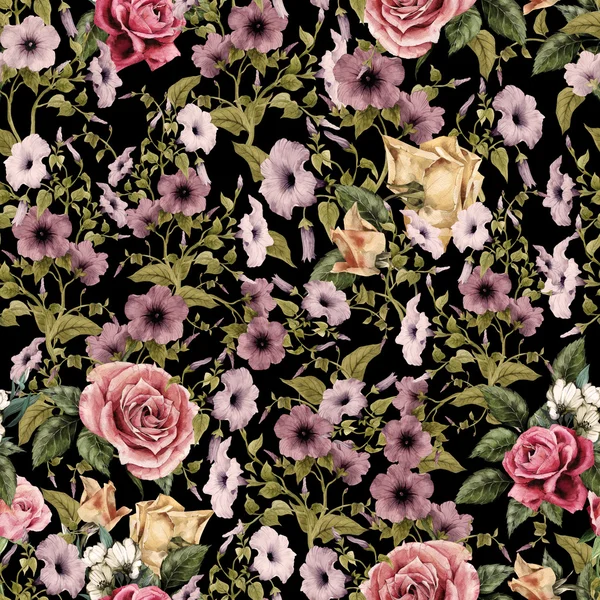 Aquarel convolvulus en rozen patroon — Stockfoto