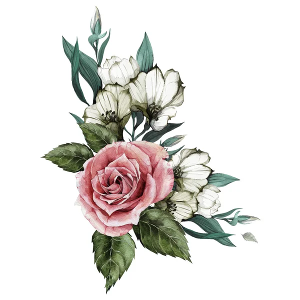 Boeket van aquarel rozen en eustoma — Stockfoto
