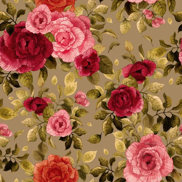 赤とピンクのバラと水彩のパターン — ストック写真
