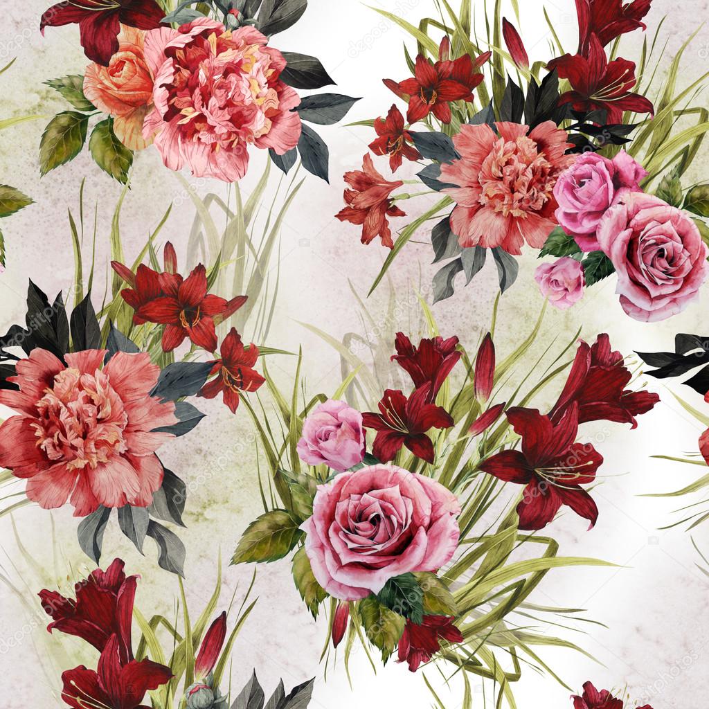 Roses, peonies and lilies floral pattern
