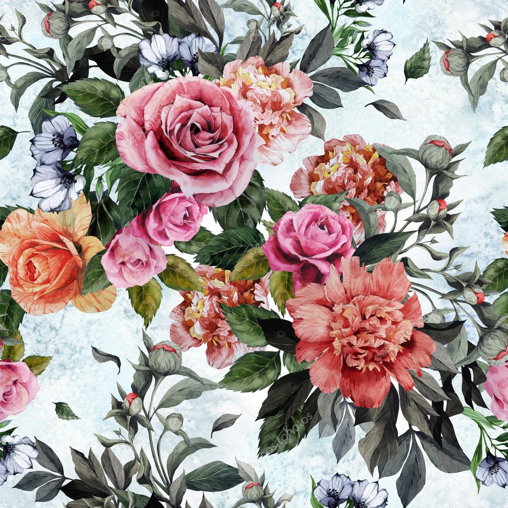 Watercolor roses and peonies floral pattern