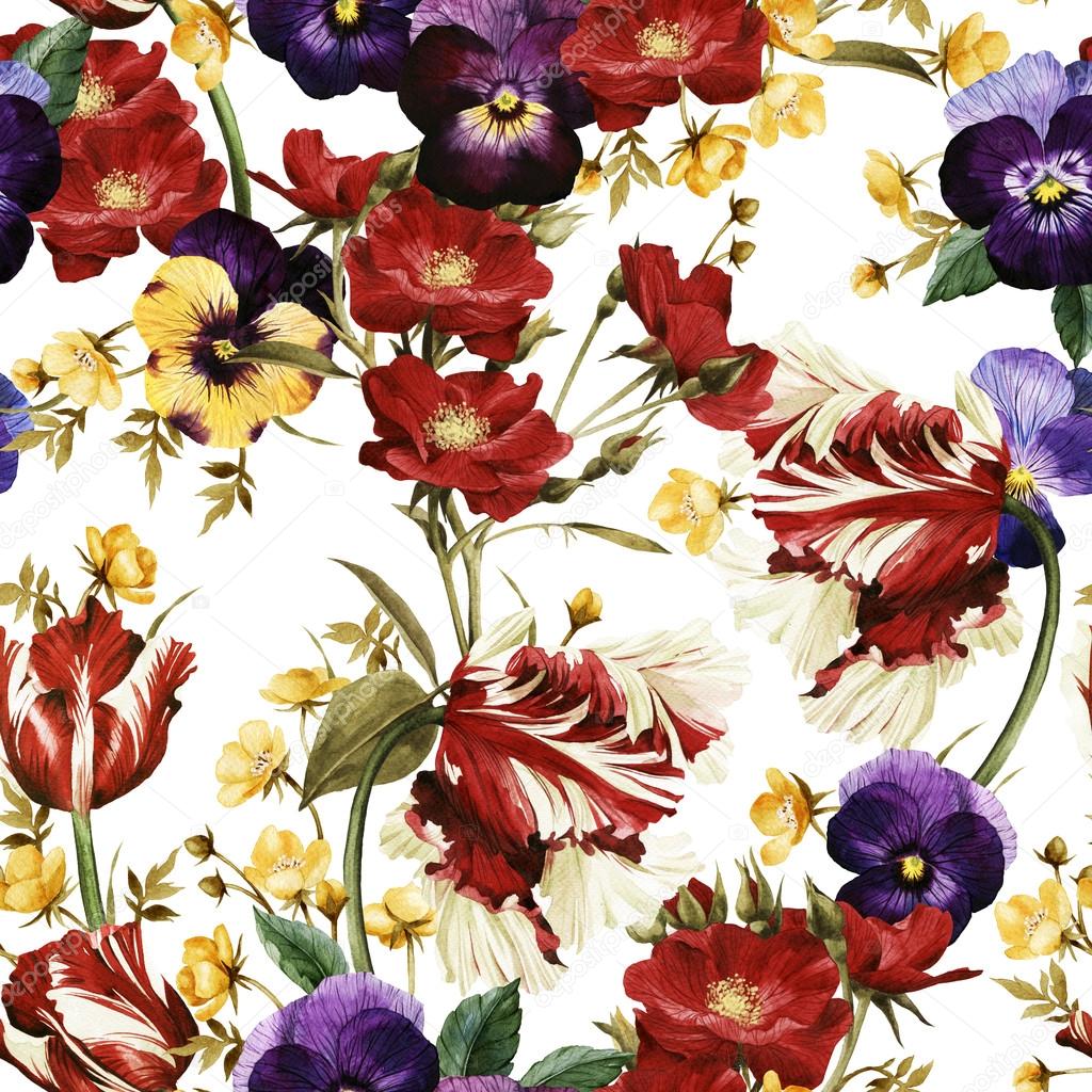 Pattern with tulips, pansy and dog rose