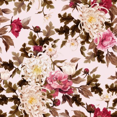 Kasımpatı ve peonies çiçek desenli