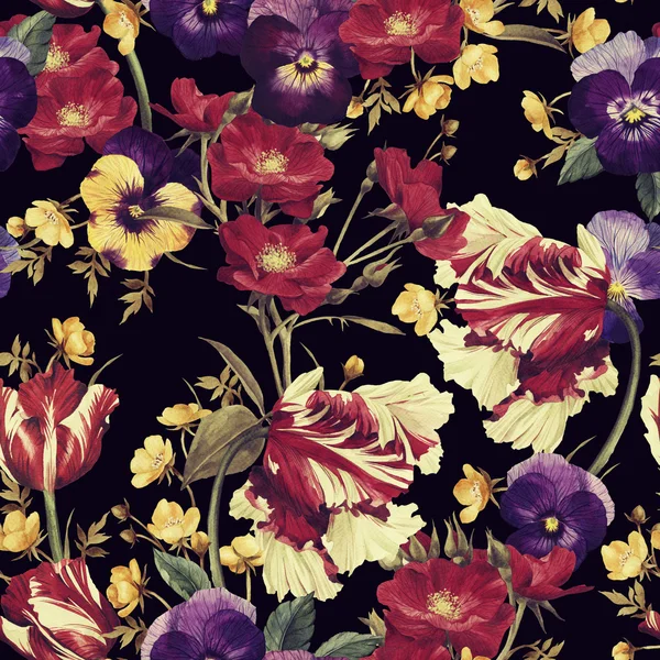 Muster mit Tulpen, Stiefmütterchen und Hundsrose — Stockfoto