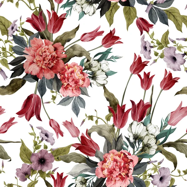 Floral pattern with tulips and peonies — Stock Photo, Image