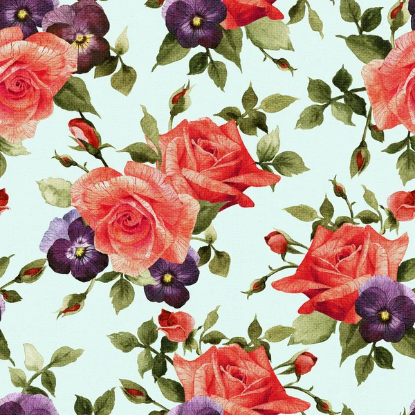 Watercolor pattern roses and pansy flowers — Stock Photo, Image