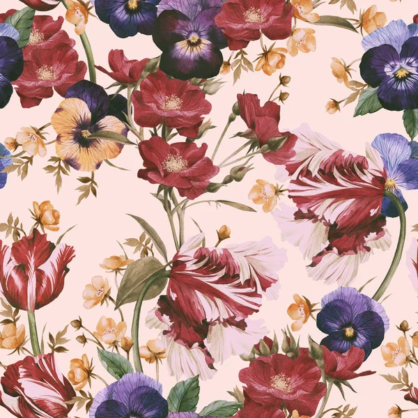 Pattern with tulips, pansy and dog rose — Stock Photo, Image