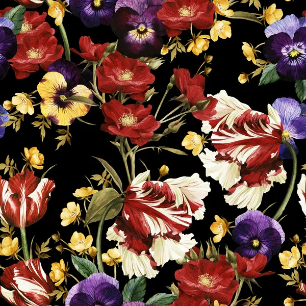 Wzór z tulipanów, pansy i Dzika róża — Zdjęcie stockowe