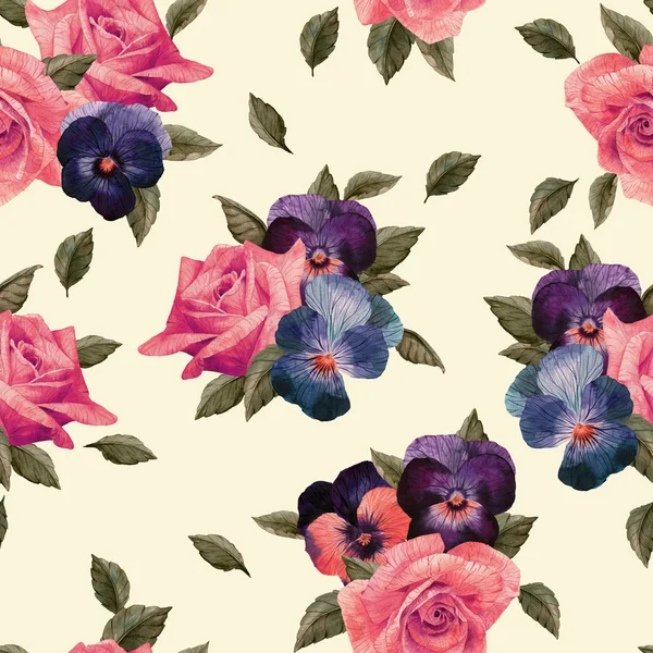 水彩のバラとパンジーのパターン — ストック写真