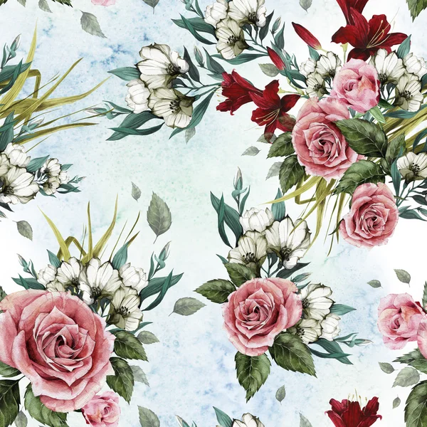 Rosen, Pfingstrosen und Lilien florales Muster — Stockfoto