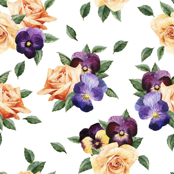 Rosas aquarela e padrão pansy — Fotografia de Stock