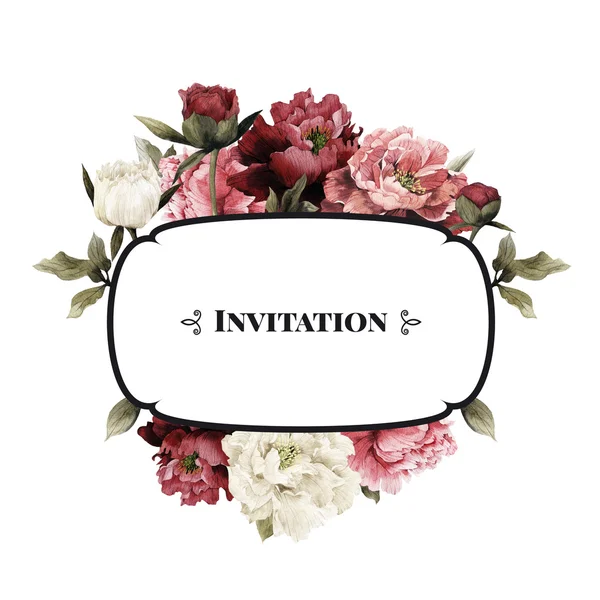 Watercolor Invitation card with peonies — Stock Photo, Image