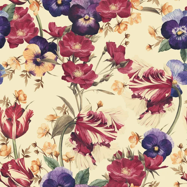 Patroon met tulpen, viooltje en hondsroos — Stockfoto