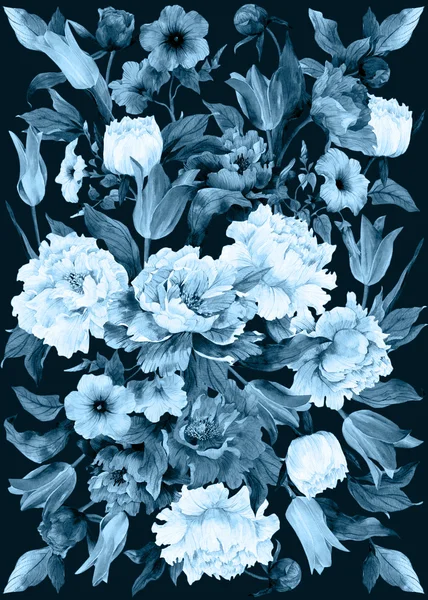 Cartão de saudação monocromático com tulipas e peônias — Fotografia de Stock