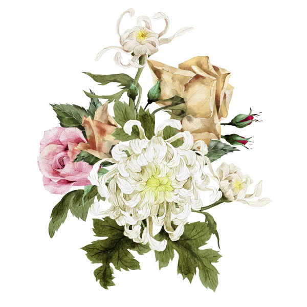 Bouquet van aquarel chrysant en rozen — Stockfoto