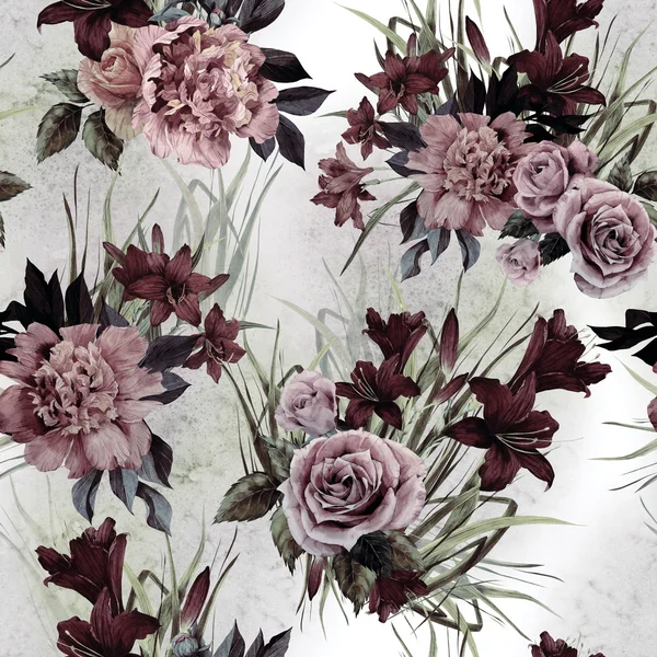 Gül, peonies ve lilyum çiçek desenli — Stok fotoğraf