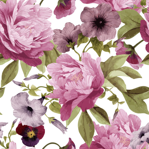 Pattern with pansy, convolvulus and peonies