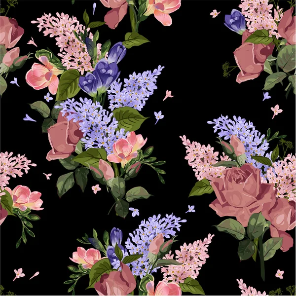Floral pattern with roses and lilac — Stock Vector