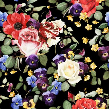 Gül ve suluboya desenli kusursuz çiçek deseni