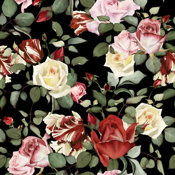 Motif floral sans couture avec des roses, aquarelle — Photo