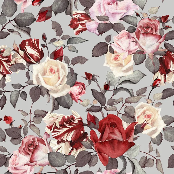 Motif floral sans couture avec des roses, aquarelle — Photo