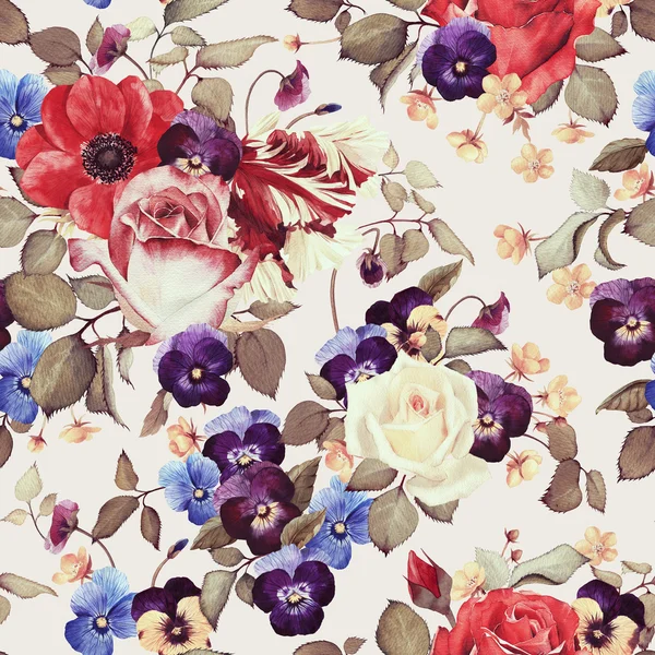Bezešvé květinové vzory s růžemi, akvarel — Stock fotografie